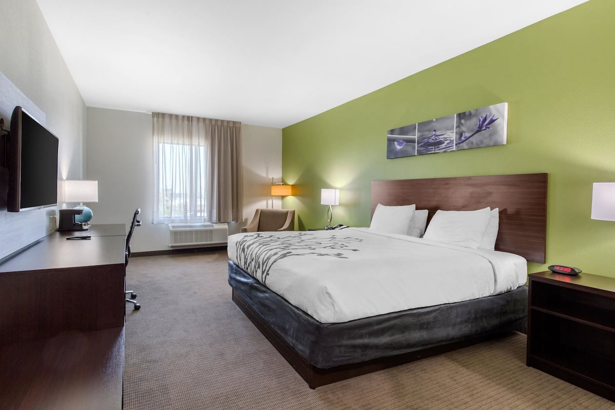 Ein Hotelzimmer mit einem großen Bett, einem Schreibtisch, einem Fernseher und einem Fenster mit Vorhängen.