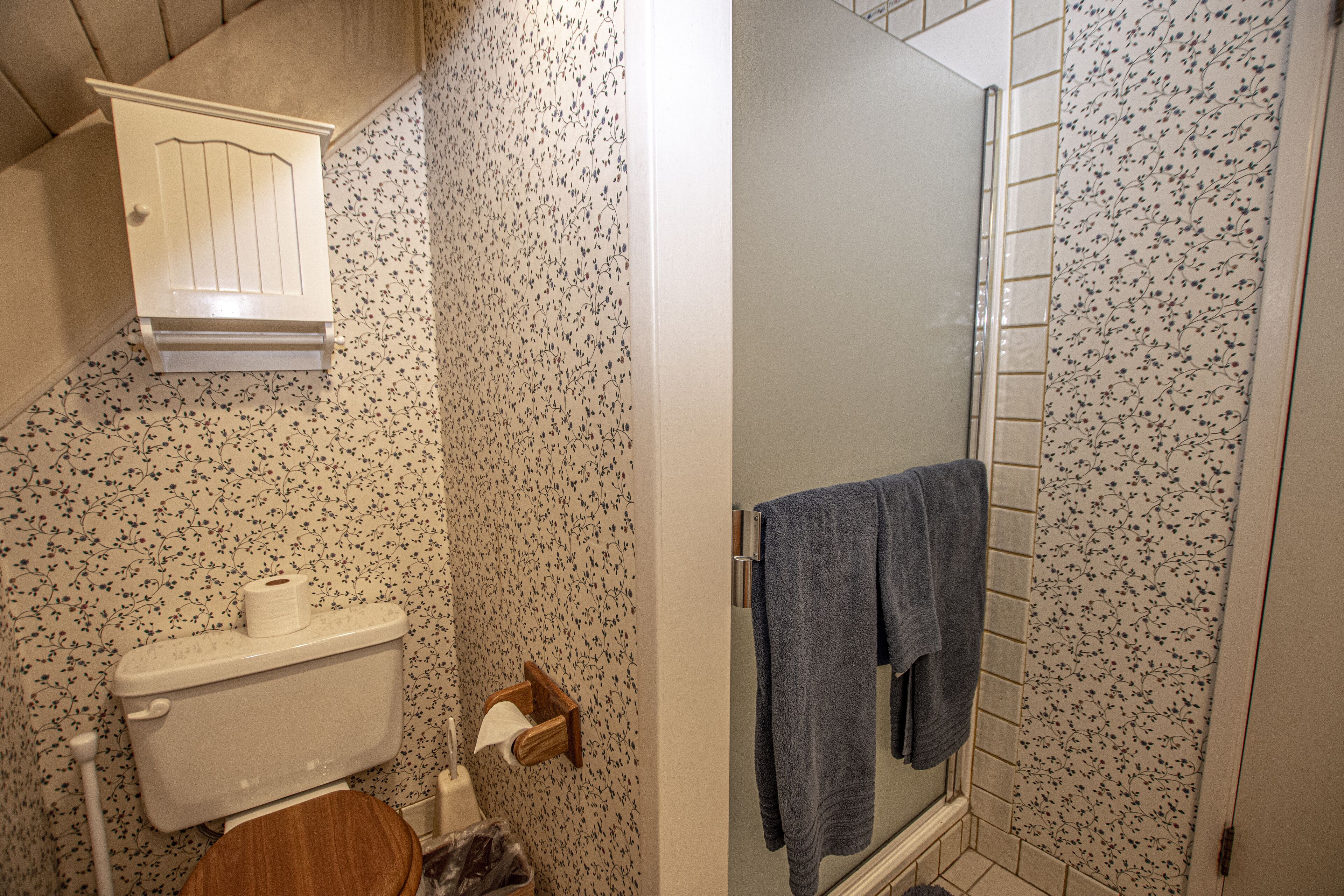 Een badkamer met toilet, douche en handdoekrek.