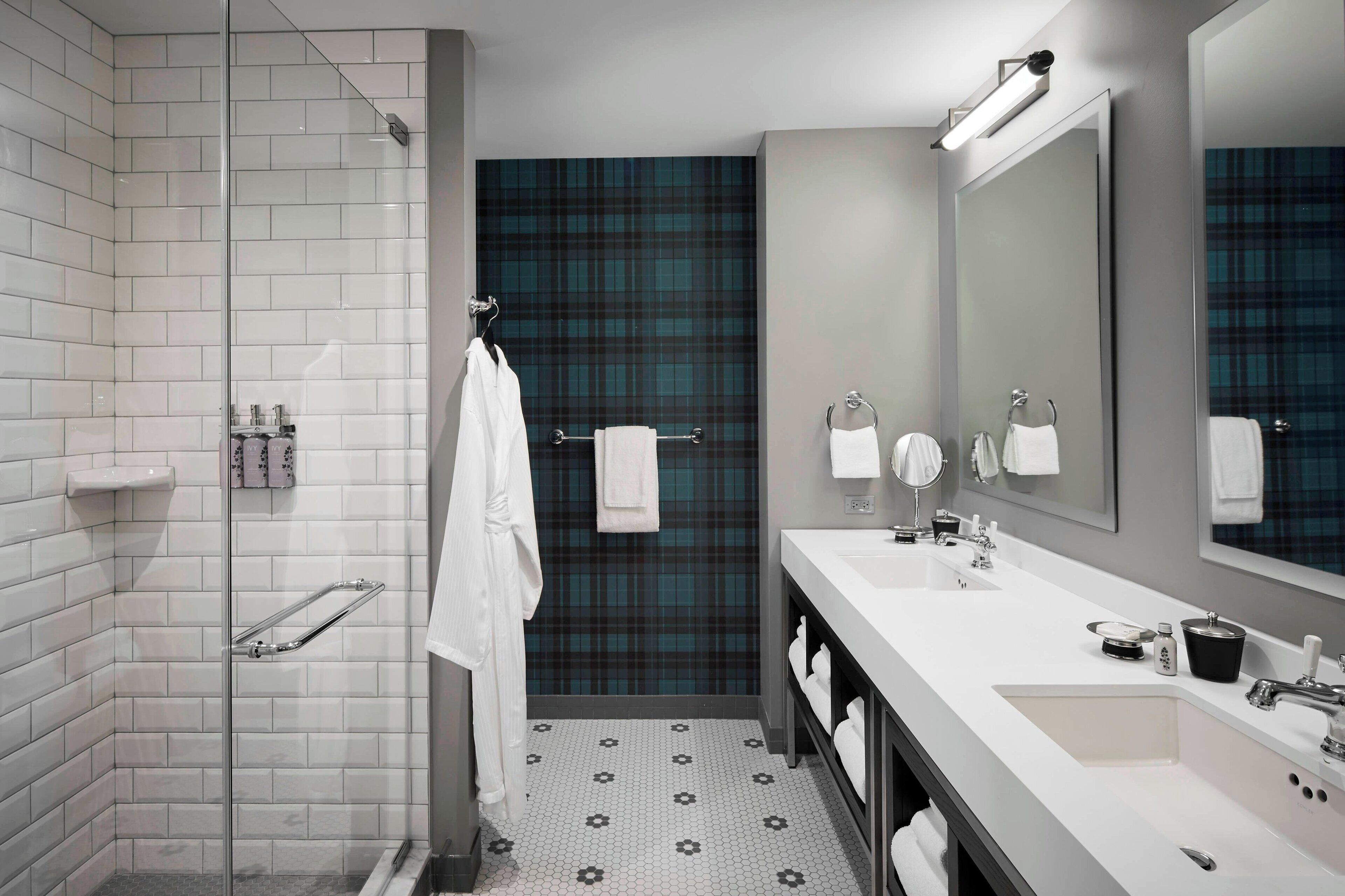 designer toiletries, hair dryer, bathrobes, towels