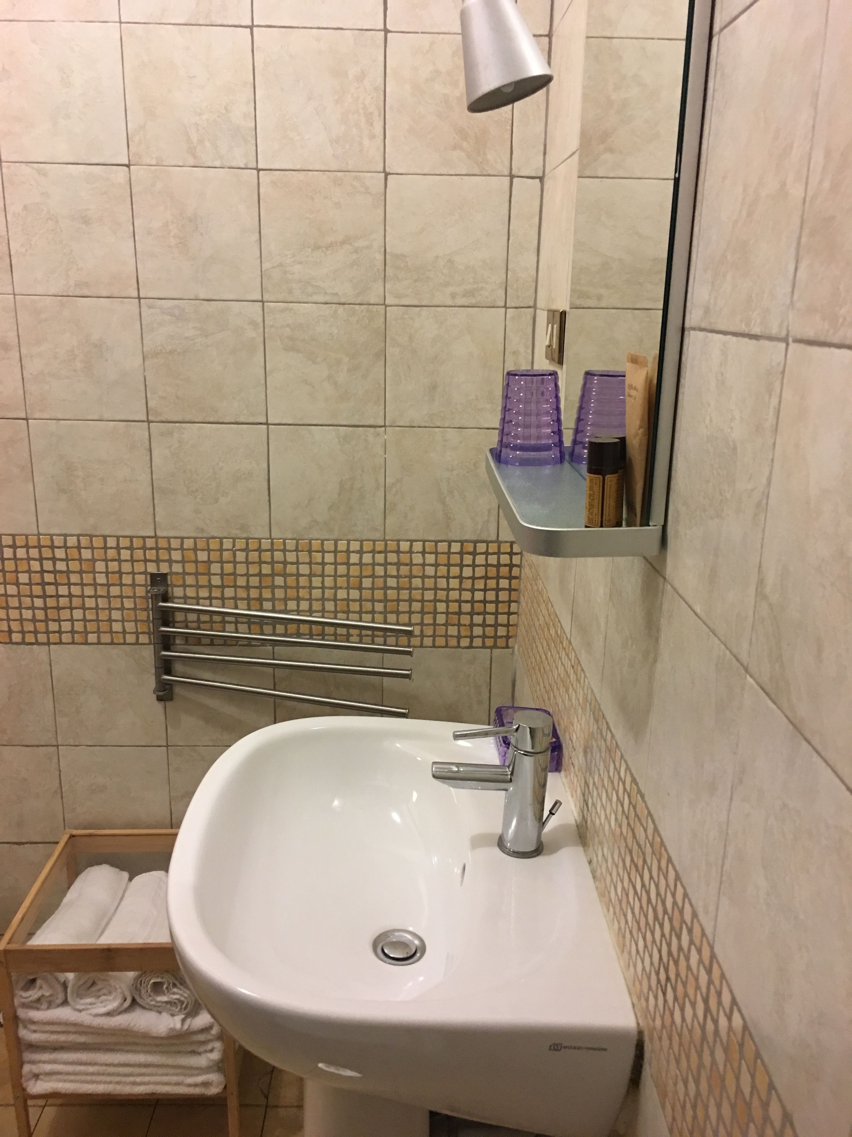 A bathroom with a sink, mirror, towel rack, and a showerhead.