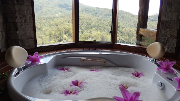 Un jacuzzi con pétalos de flores, detalles de madera y vistas a un paisaje montañoso a través de grandes ventanales.