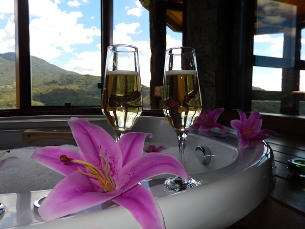 Two glasses of white wine on a reflective surface with a view of mountains through a window. - Pousada do Sonho (Itatiaia)