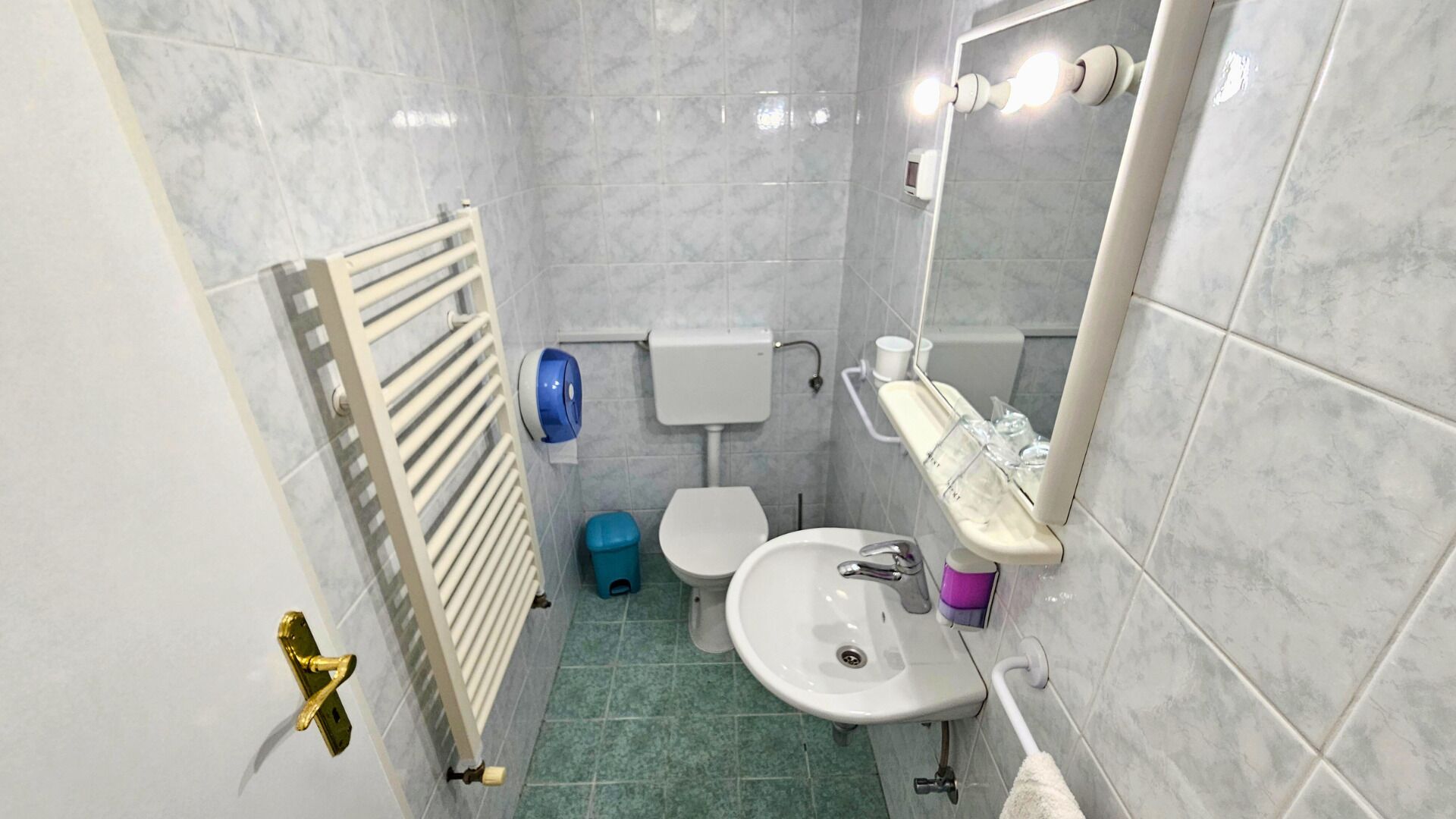 Une petite salle de bain comprenant des toilettes, un lavabo et un porte-serviettes.