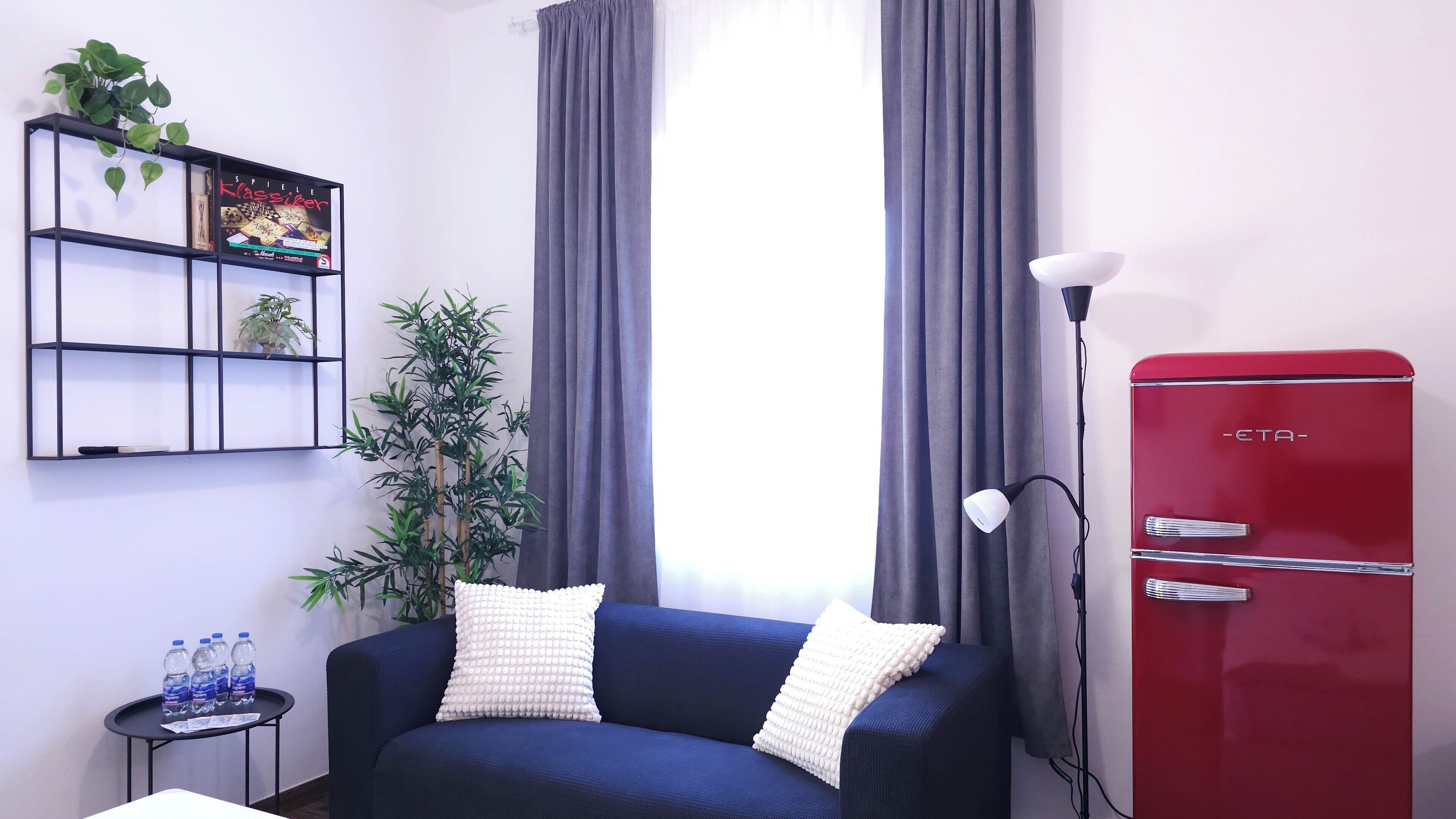 A living room with a dark blue sofa, two white pillows, a red cabinet, a plant, and a shelf with books and a framed picture.