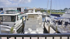 A marina with various boats docked, including a boat named "Lady Elamore."