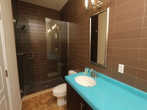 Combined shower/bathtub, hair dryer, towels