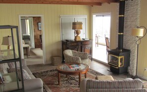 Smart TV, chimenea, libros y estéreo 