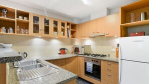 A modern kitchen with granite countertops, stainless steel appliances, and wooden cabinetry. - Stylish River Boulevard Apartment in Richmond (Richmond)