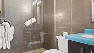 Combined shower/tub, hair dryer, towels