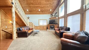 Smart TV, fireplace, DVD player, foosball