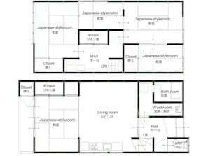 Grundriss eines japanischen Hotels mit mehreren Zimmern im japanischen Stil, einem Rinen, einem Wohnzimmer, einem Badezimmer und einem Kleiderschrank.