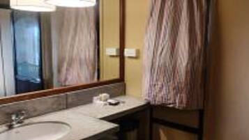 Un bagno con lavandino, specchio e porta asciugamani.