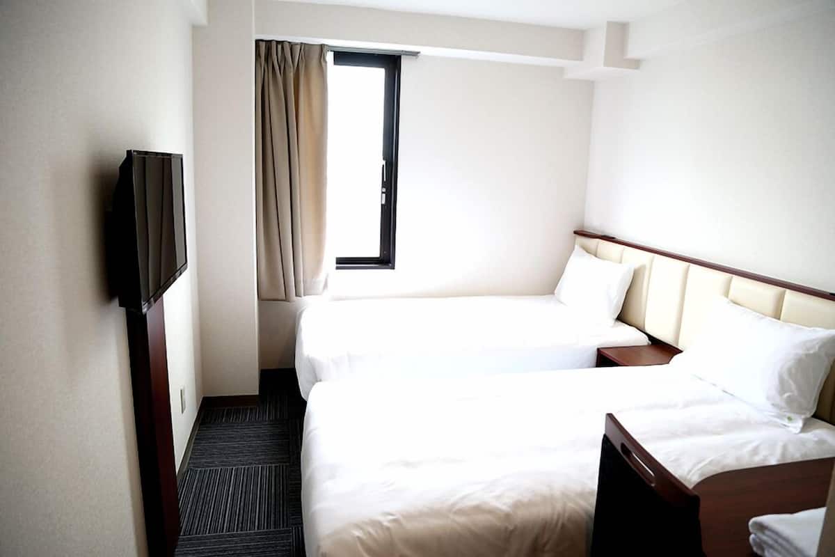 Habitació d'hotel amb dos llits, televisió, finestra amb cortines i terra amb moqueta.