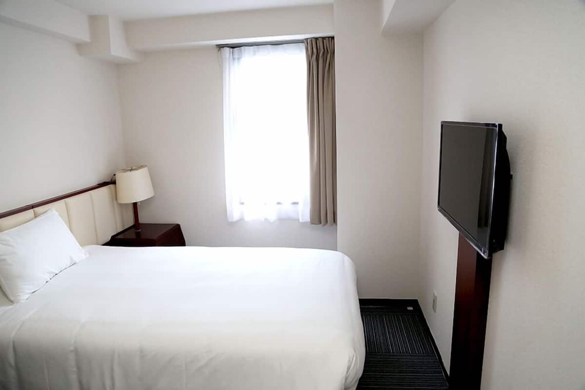 Una habitació d'hotel amb un llit gran, una taula de nit amb una làmpada, un televisor fixat a la paret i una finestra amb cortines.