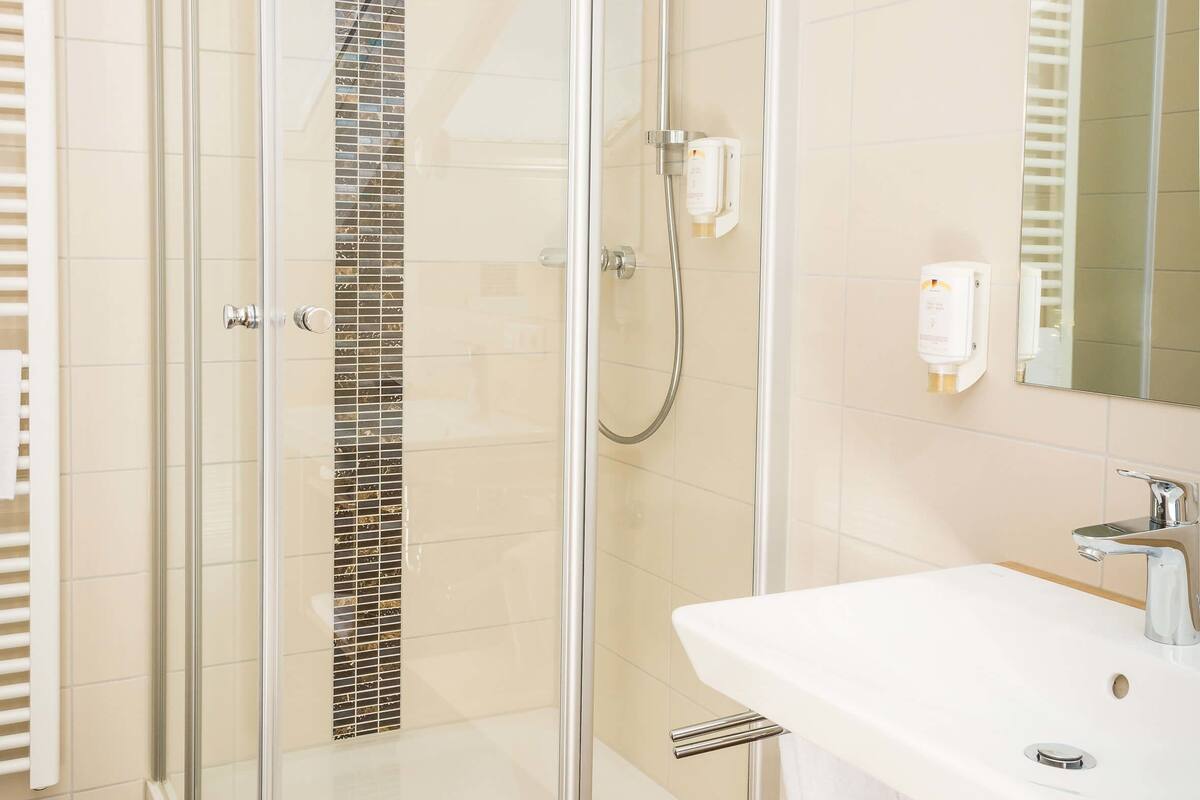 shower, free toiletries, hair dryer, towels