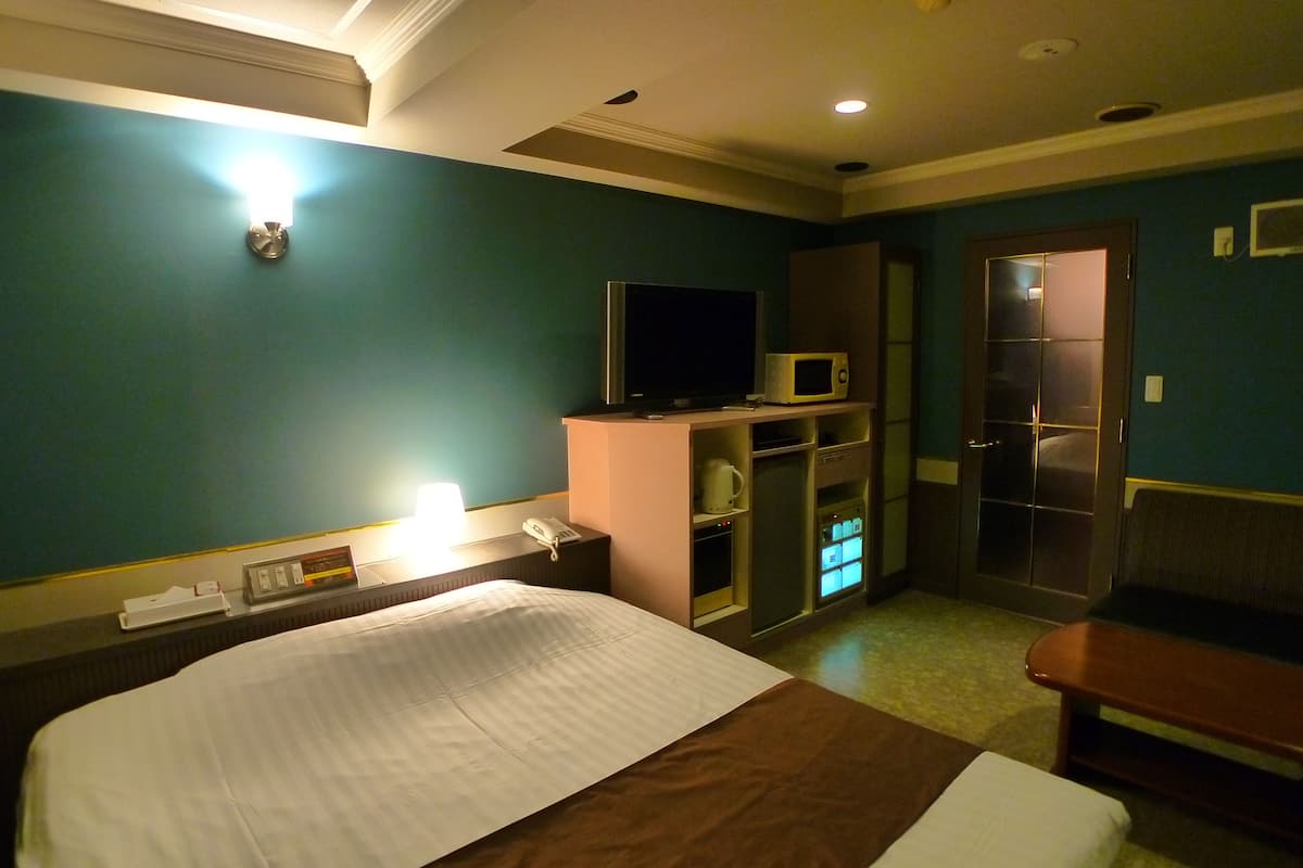 A hotel room with a bed, a TV, a microwave, a phone, and a cabinet.