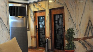 A lobby with marble walls, a potted plant, a sofa, and a trash can. - Salma Hotel (Giza)