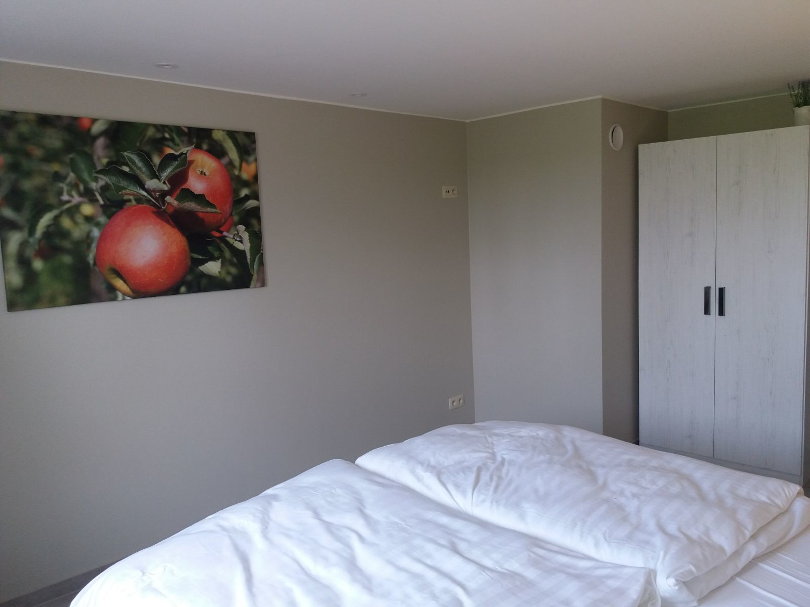 A bedroom with a bed, a wardrobe, and a wall-mounted painting of a fruit.