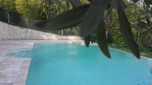 En swimmingpool med en stenv æg og et hegn i baggrunden.