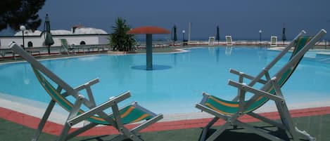 Seasonal outdoor pool, pool loungers