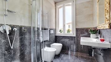 Hair dryer, towels, soap, shampoo