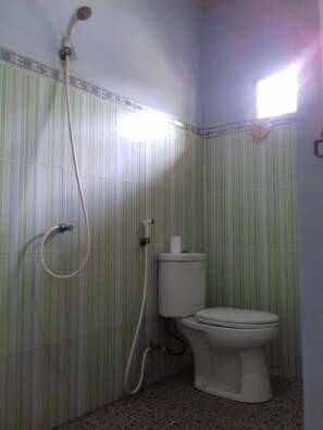 A bathroom with a toilet, a shower, and a toilet paper holder. - Mangga Homestay (Gili Air)