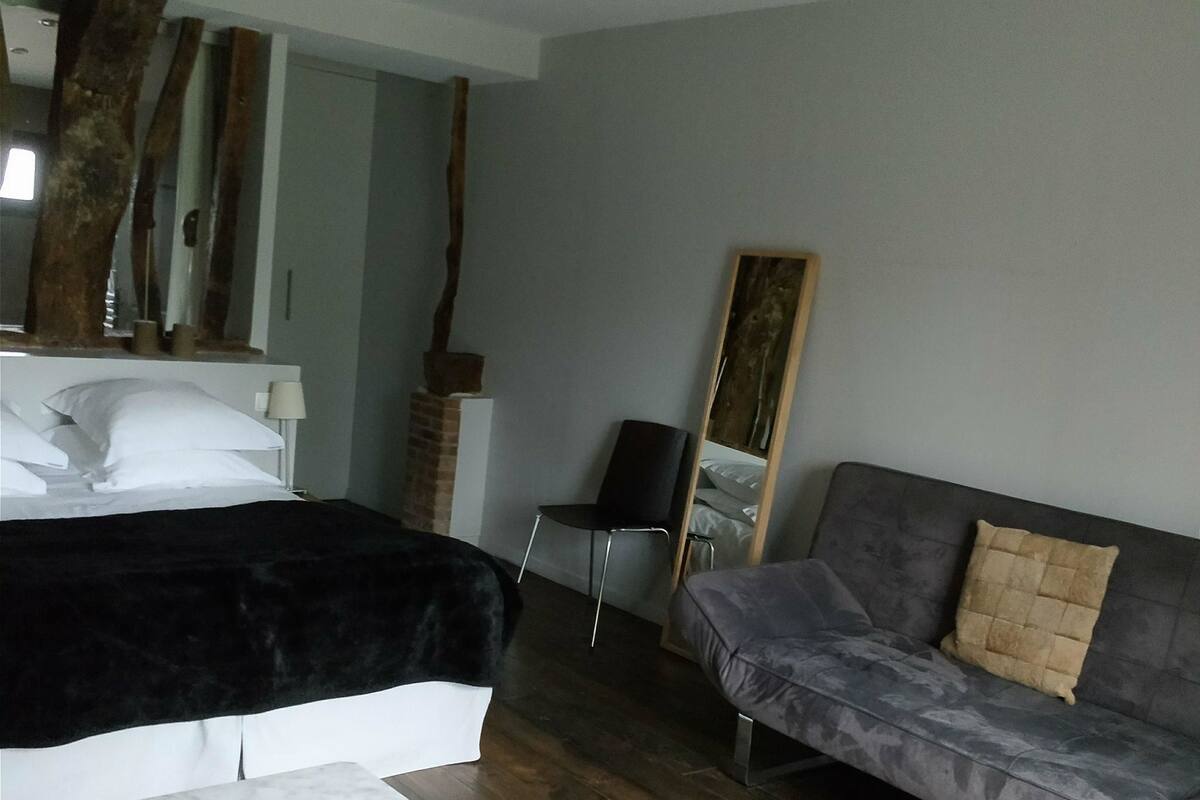 A bedroom with a bed, a sofa, a chair, and a mirror.