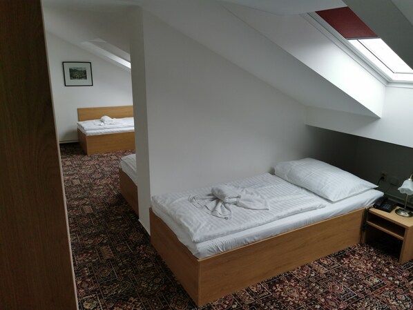 A bedroom with two beds, a skylight, and a patterned carpet. - Hotel City Inn (Prague)