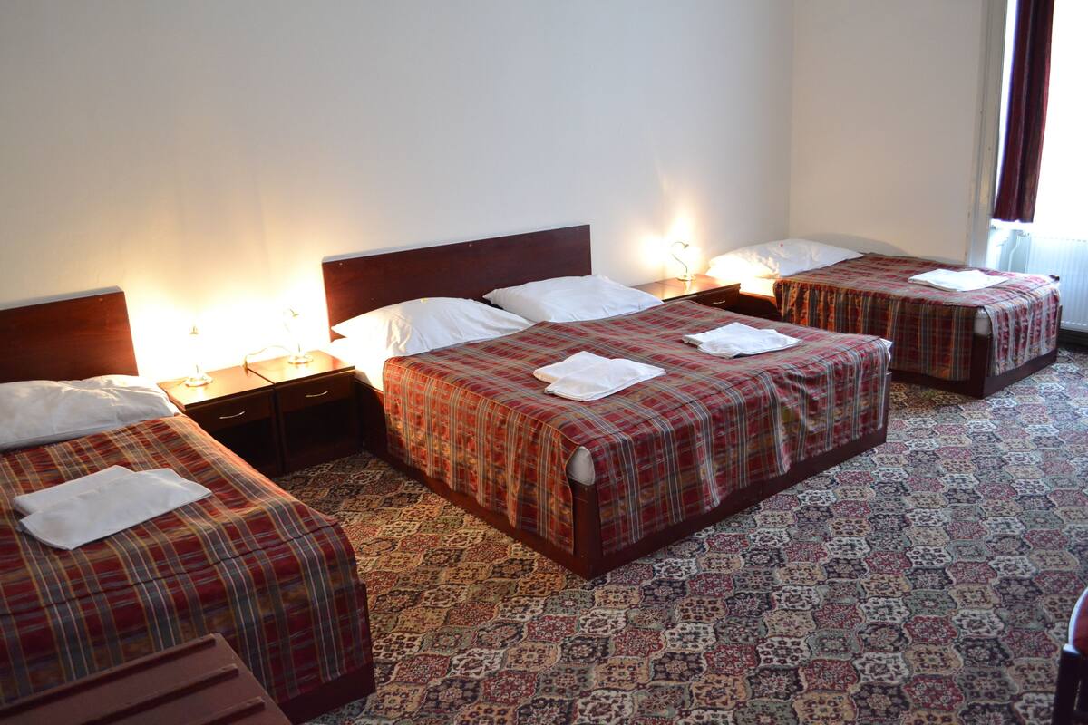 A hotel room with three single beds, each with a plaid bedspread and white pillows. There are bedside tables with lamps, and the room has patterned carpet flooring.