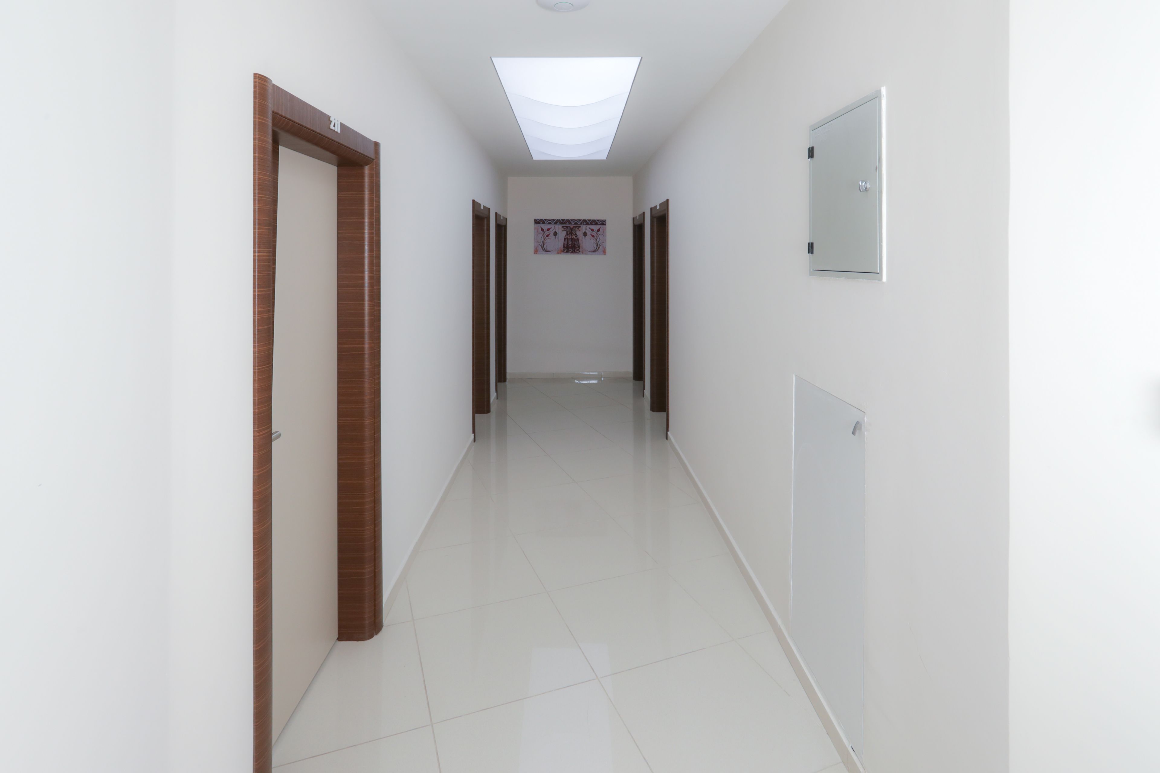 Un pasillo con paredes blancas, piso de baldosas y tragaluz. Se observan puertas a ambos lados y una lámpara fijada a la pared.