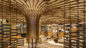 Un interior moderno con un diseño de techo curvo único, una zona de estar central y diversos elementos de mobiliario y decoración.
