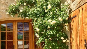 A wooden door with a sign that reads "RECEPTION" and a window with a "WELCOME" sign. - La Ferme du Petit Ségriès (Moustiers-Sainte-Marie)