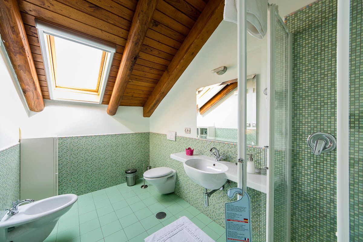 A bathroom with a skylight, a sink, a toilet, and a shower area.