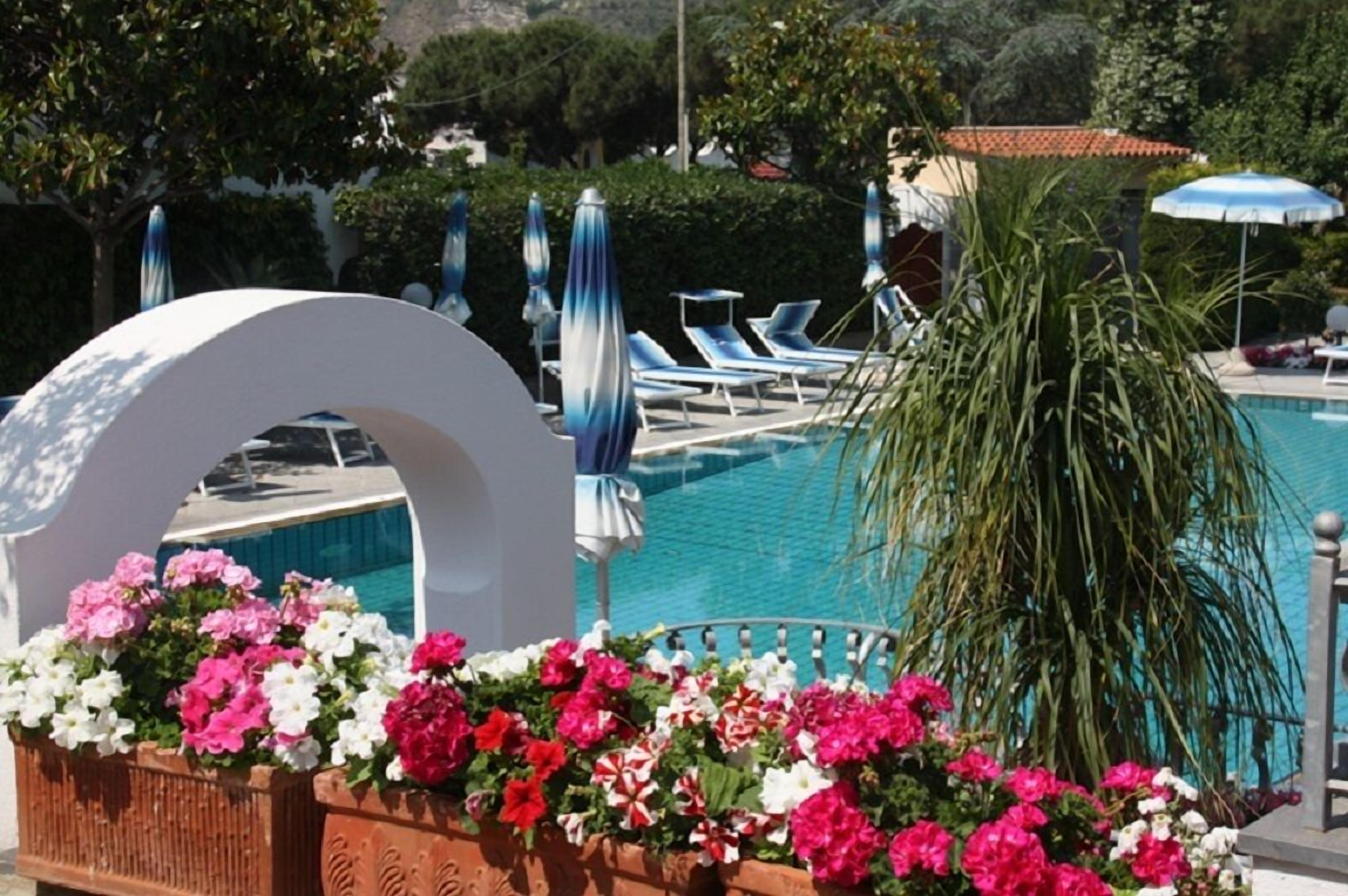 Ett poolområde med solstolar, parasoller och blomsterrabatter.