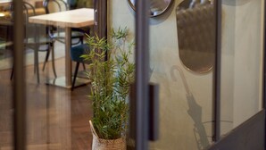 Un interior moderno con un separador de vidrio, una planta en maceta y un área de comedor visible a través del separador.