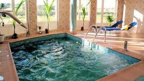 Un jacuzzi con vistas al exterior, rodeado de ventanas y plantas en macetas.