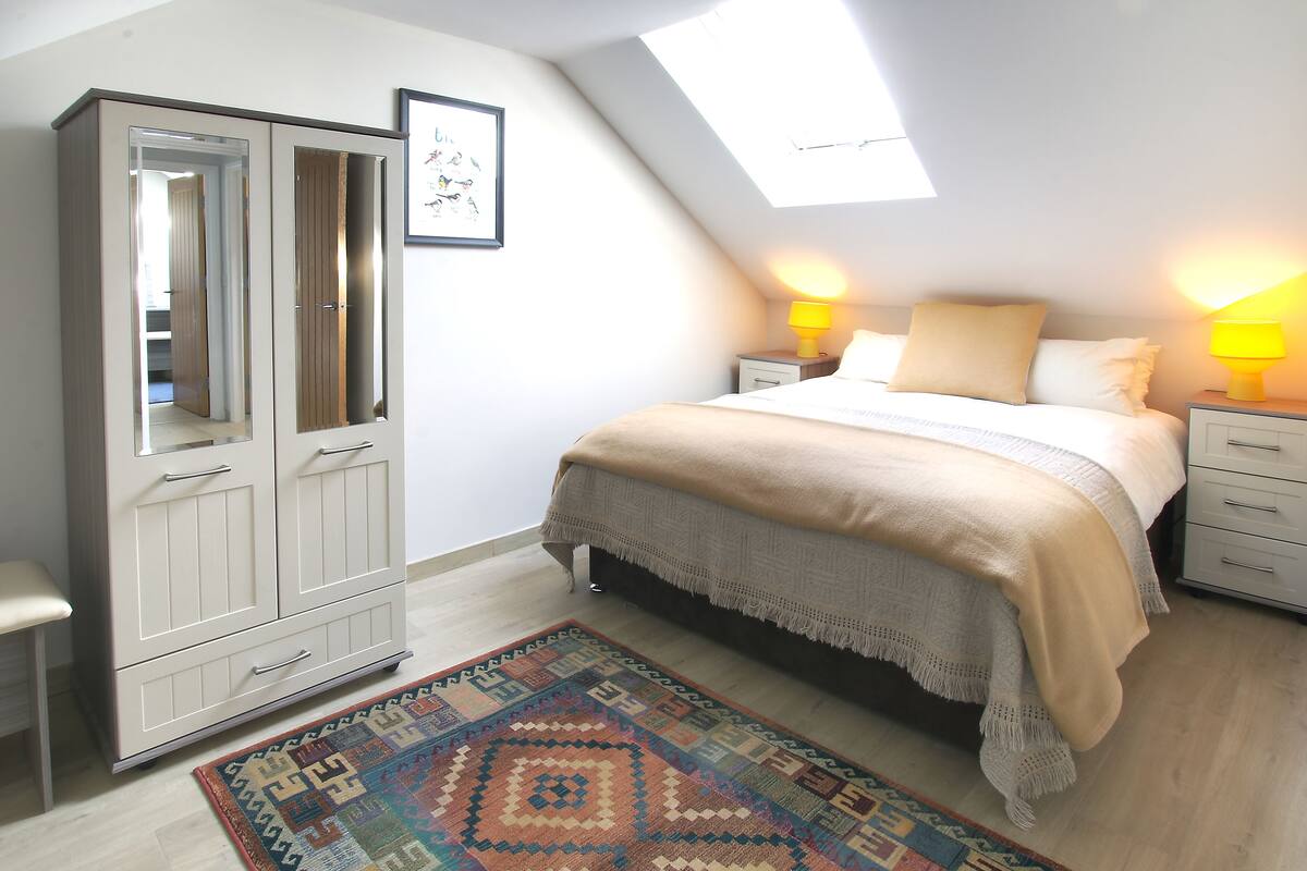 Een slaapkamer met een bed, nachtlampen, een kamerbreed tapijt, een kledingkast en een dakraam.