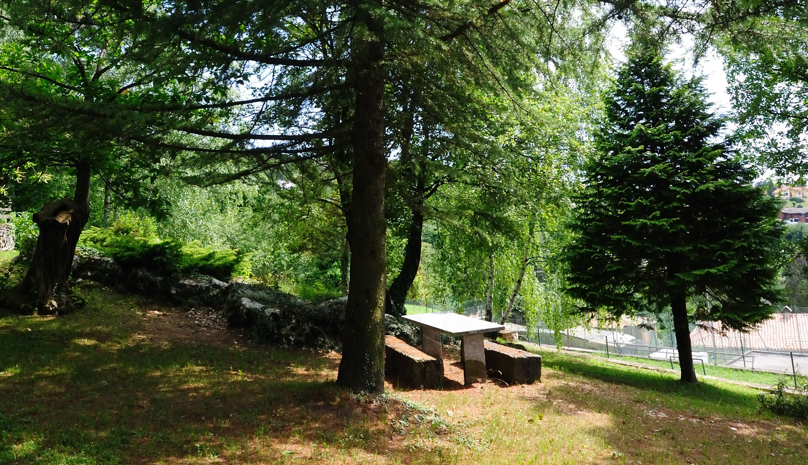 A picnic table in a wooded area with a stone wall and a fence in the background.