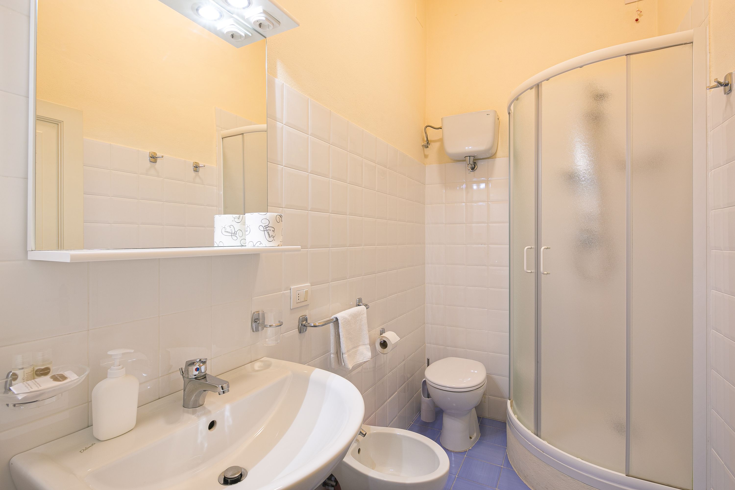 Un baño con lavamanos, espejo, inodoro y cabina de ducha acristalada.