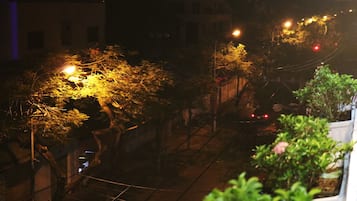 Une vue nocturne d’une rue bordée d’arbres et éclairée par des lampadaires.