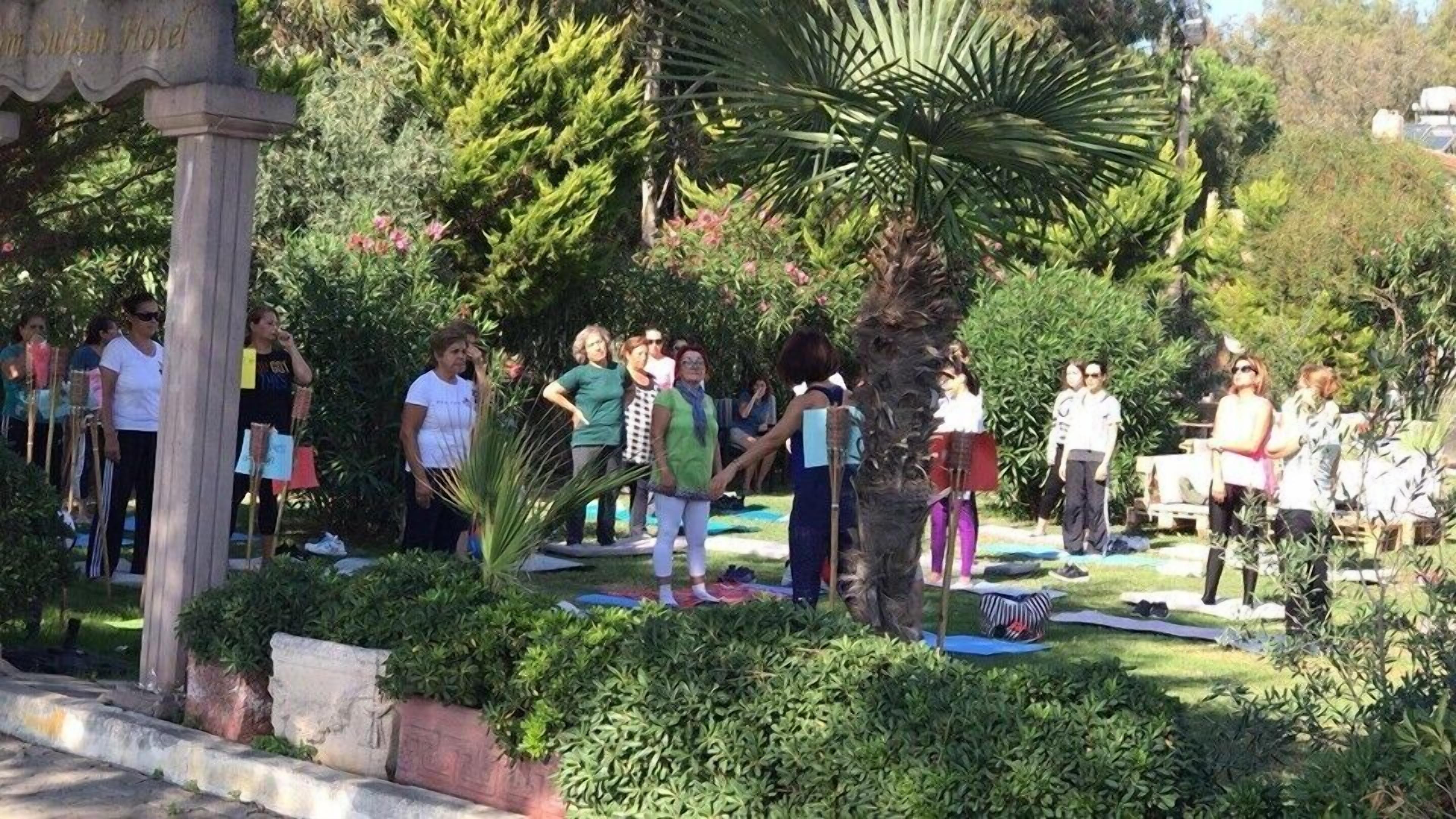 A group of people participating in an outdoor yoga session in a garden with various plants and a stone structure.