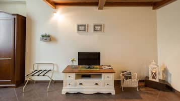 Ein Zimmer mit Holzboden, einem weißen Schrank mit Schubladen, einem Fernseher, einem kleinen Tisch mit einer Vase, einem Korbstuhl und einem an der Wand befestigten Regal mit einer Pflanze.