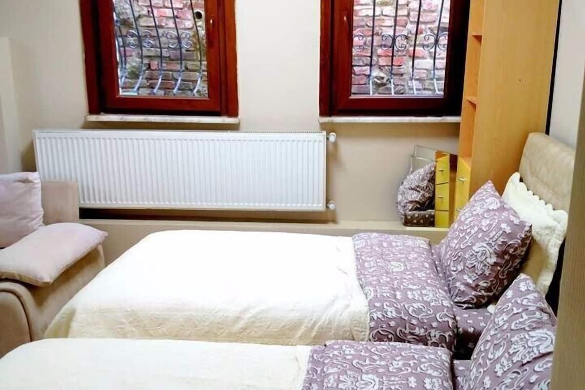 A bedroom with two beds, a radiator, and two windows with metal bars.