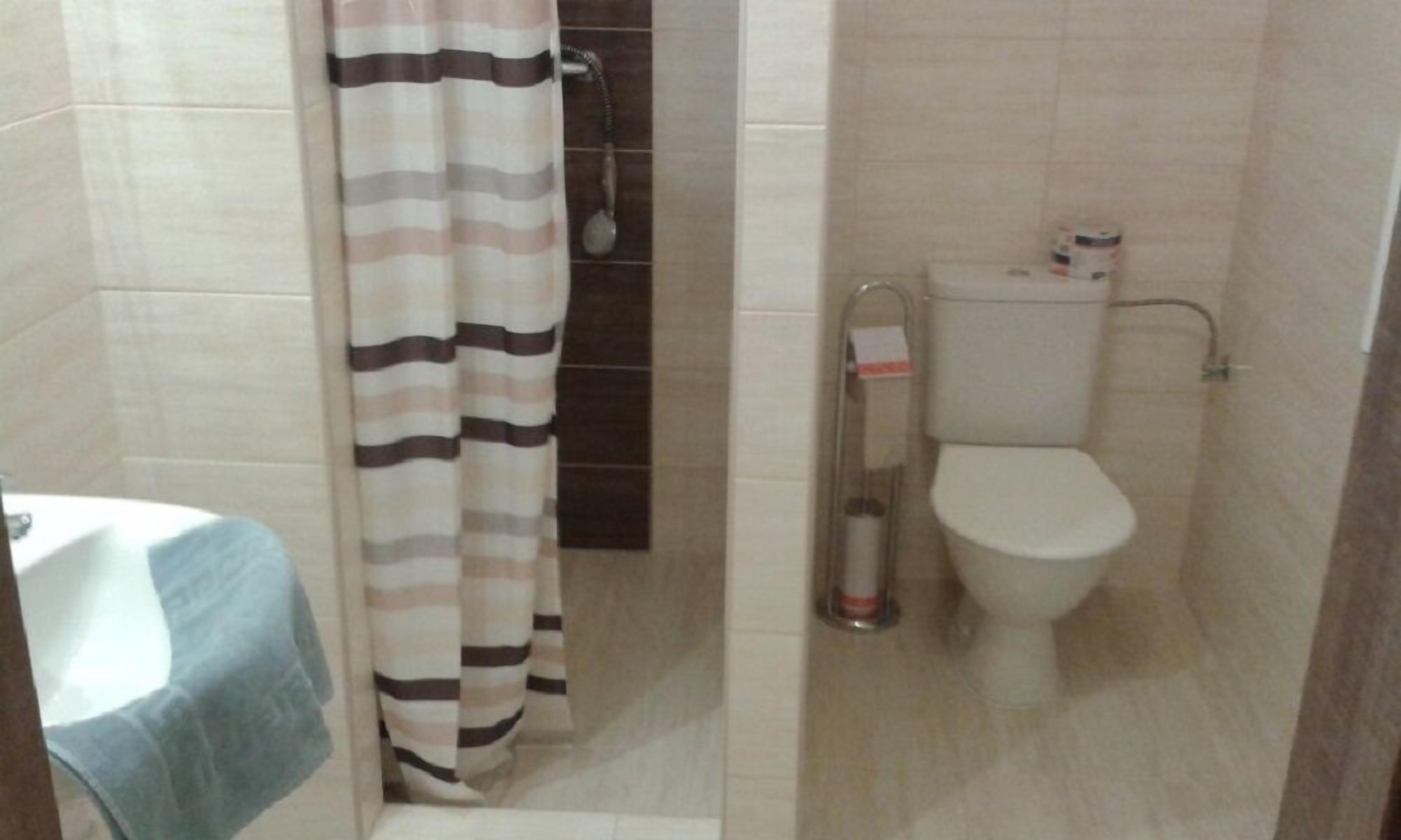 Une salle de bain avec un rideau de douche, des toilettes et un lavabo avec une serviette.