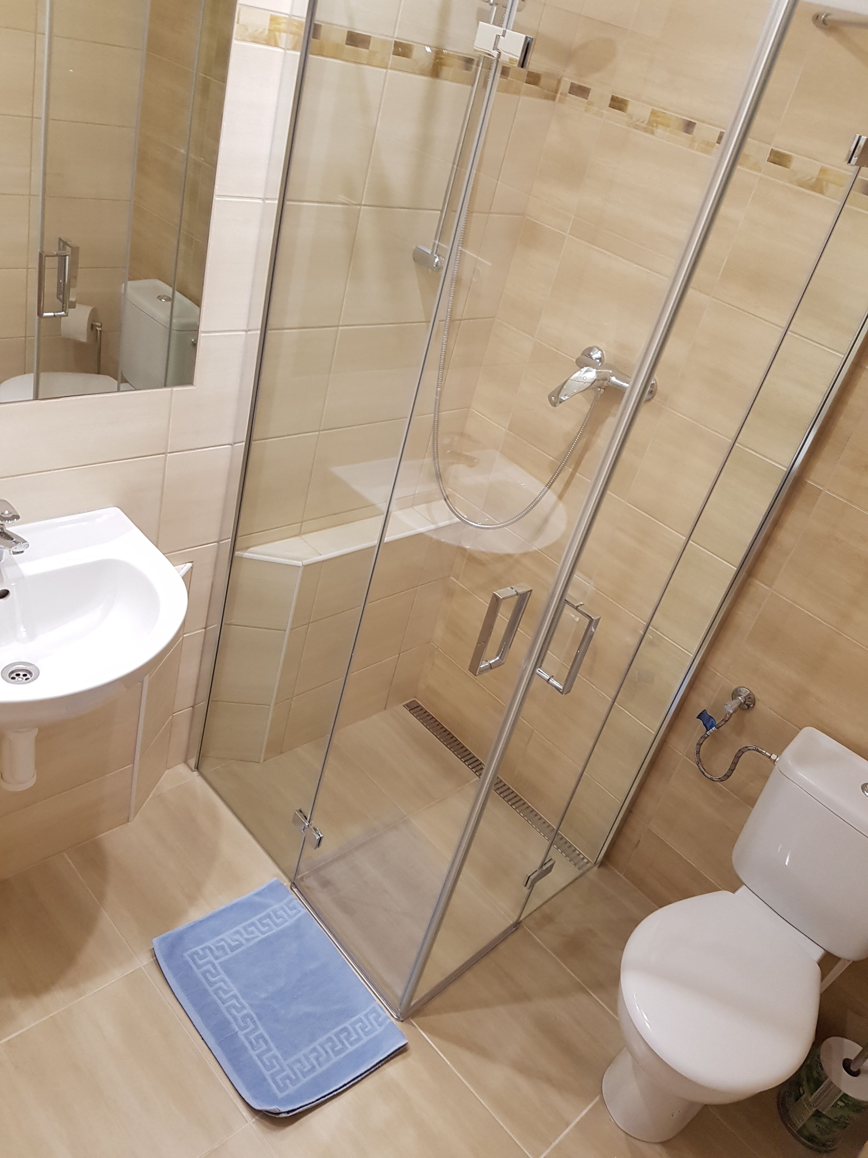 Ein Badezimmer mit Duschkabine, Waschbecken und Toilette.