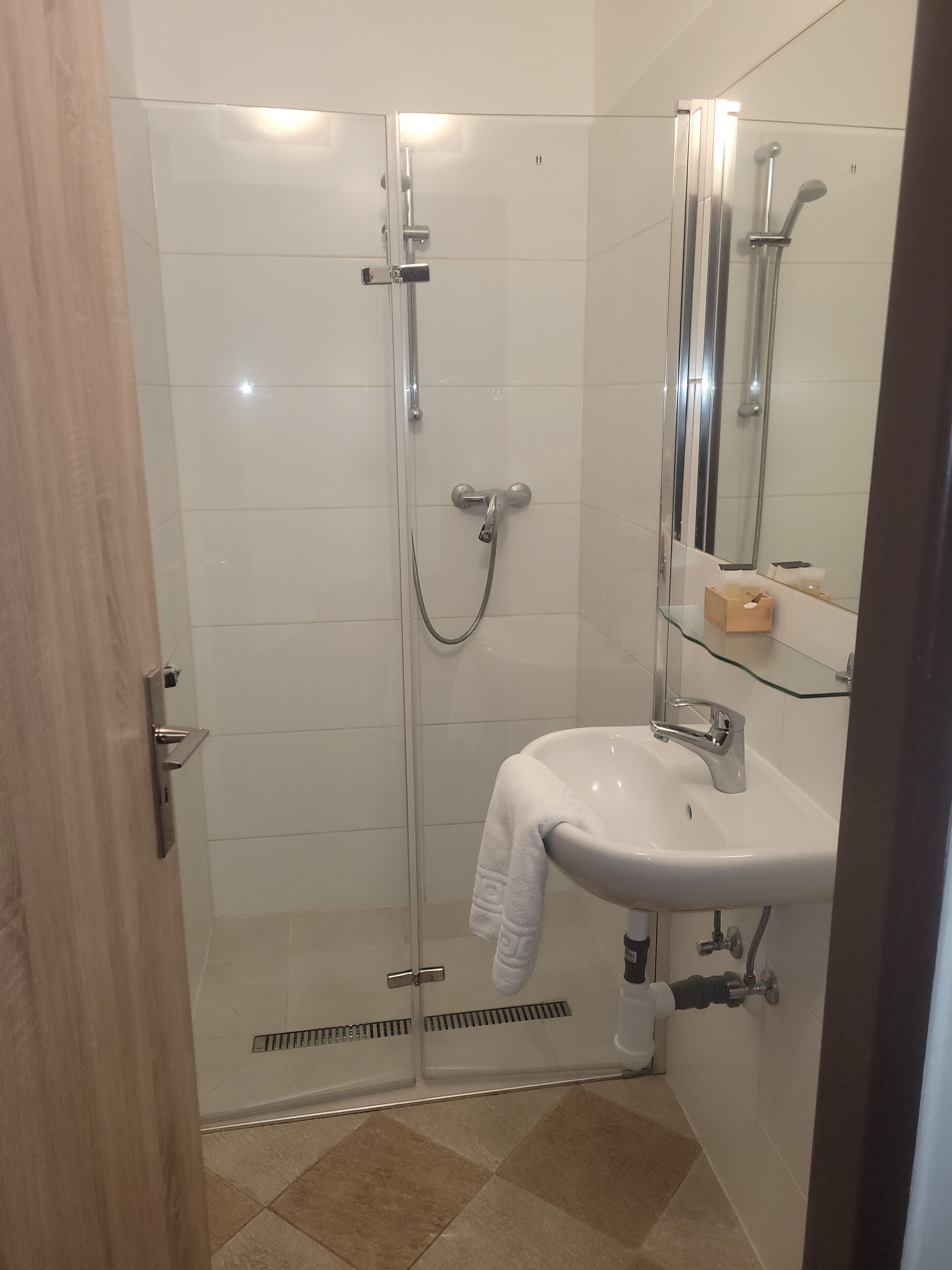 A modern bathroom with a glass-enclosed shower, a white sink, and a mirror above it.