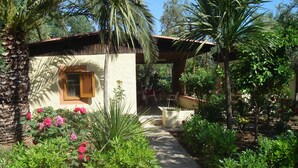 A garden with a pathway leading to a building with a window and a door. - Residence Giardino (Vieste)