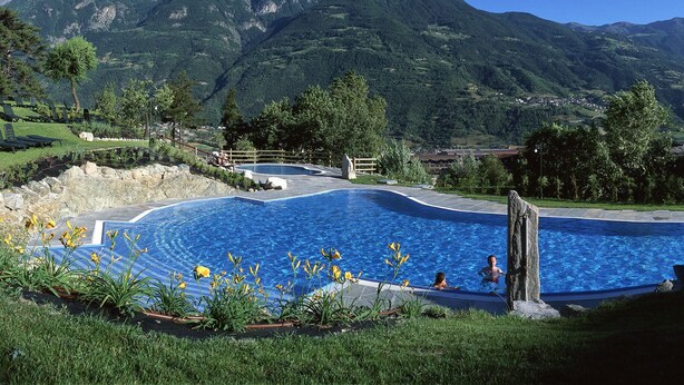 Una piscina con montañas al fondo, rodeada de follaje y una cerca de madera.