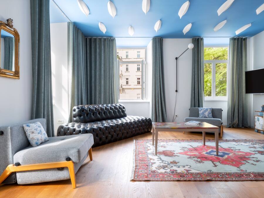 Deluxe Apartment, 1 Bedroom, River View (1st.floor) | Living room | 100-cm flat-screen TV with cable channels, TV