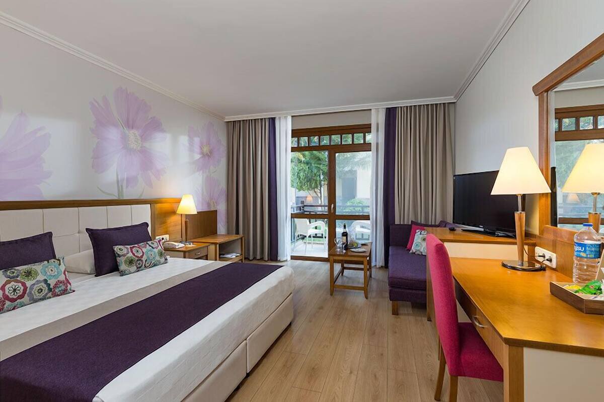 A hotel room with a bed, a desk, a chair, a TV, and a window with curtains.